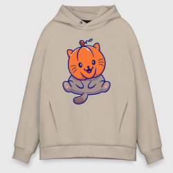 Толстовка оверсайз мужская Котик и тыква, цвет: миндальный