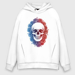 Толстовка оверсайз мужская Череп и сине-красные розы, цвет: белый