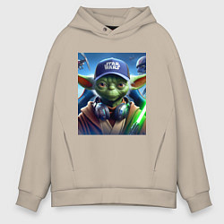 Толстовка оверсайз мужская Прикольный Йода с наушниками - прикол, цвет: миндальный