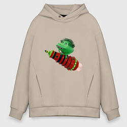 Толстовка оверсайз мужская Зеленый монстр на красной ракете, цвет: миндальный