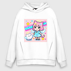 Толстовка оверсайз мужская Милая кошка в сарафане, цвет: белый