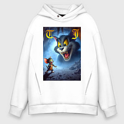 Толстовка оверсайз мужская Том караулит Джерри - хэллоуин, цвет: белый