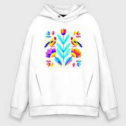 Толстовка оверсайз мужская Неоновые цветы и птицы, цвет: белый