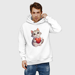 Толстовка оверсайз мужская Серый кот держит сердце в лапах, цвет: белый — фото 2