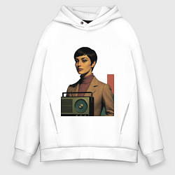 Толстовка оверсайз мужская Брюнетка и радиоприемник ретрофутуризм поп-арт 197, цвет: белый