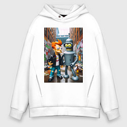 Толстовка оверсайз мужская Бендер и Фрай в Бронксе - нейроарт фантазия, цвет: белый