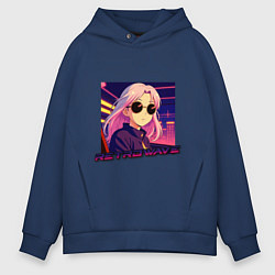 Толстовка оверсайз мужская Ретровейв аниме девушка, цвет: тёмно-синий