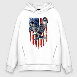 Толстовка оверсайз мужская Орёл на фоне американского флага USA, цвет: белый