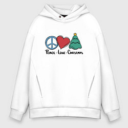 Толстовка оверсайз мужская Мир, любовь, Рождество, цвет: белый