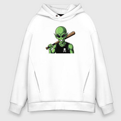 Толстовка оверсайз мужская Зеленый пришелец с битой, цвет: белый