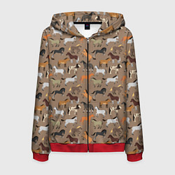 Толстовка 3D на молнии мужская Кони-лошади, цвет: 3D-красный