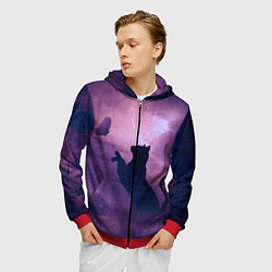 Толстовка 3D на молнии мужская Кошка играет с бабочкой, цвет: 3D-красный — фото 2