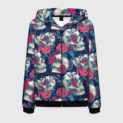 Толстовка 3D на молнии мужская Реалистичные черепа с розами, цвет: 3D-черный