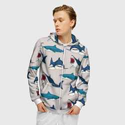 Толстовка 3D на молнии мужская Кровожадные акулы паттерн, цвет: 3D-белый — фото 2