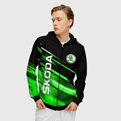 Толстовка 3D на молнии мужская ШКОДА ЧЕРНО ЗЕЛЕНЫЕ ПОЛОСЫ, цвет: 3D-черный — фото 2