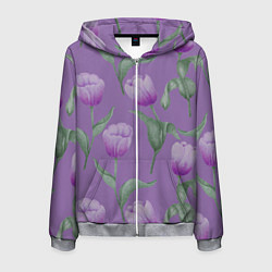 Толстовка 3D на молнии мужская Фиолетовые тюльпаны с зелеными листьями, цвет: 3D-меланж