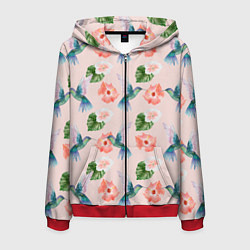 Толстовка 3D на молнии мужская Колибри и нежные цветы, цвет: 3D-красный