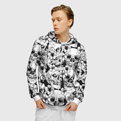 Толстовка 3D на молнии мужская Чёрно белые черепа и маки, цвет: 3D-белый — фото 2