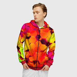 Толстовка 3D на молнии мужская НЕОНОВЫЕ ГРАДИЕНТНЫЕ 3D гексаэдры, цвет: 3D-красный — фото 2