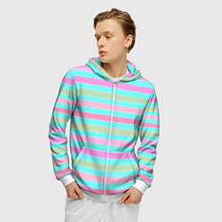 Толстовка 3D на молнии мужская Pink turquoise stripes horizontal Полосатый узор, цвет: 3D-белый — фото 2