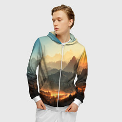 Толстовка 3D на молнии мужская Рассвет в горах, пейзаж, цвет: 3D-белый — фото 2
