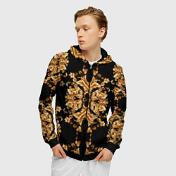 Толстовка 3D на молнии мужская Золотая гжель модные цветы, цвет: 3D-черный — фото 2