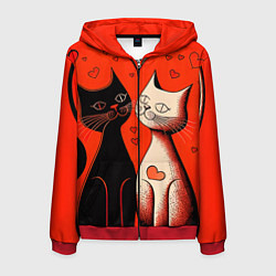 Толстовка 3D на молнии мужская Влюблённые кошки на красном фоне, цвет: 3D-красный
