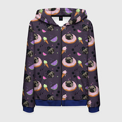 Толстовка 3D на молнии мужская Паттерн с мопсами и едой, цвет: 3D-синий