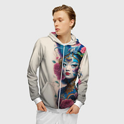 Толстовка 3D на молнии мужская Japan girl - tattoo - art, цвет: 3D-белый — фото 2