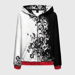 Толстовка 3D на молнии мужская Черно-белая птица среди узорчатых цветов, цвет: 3D-красный