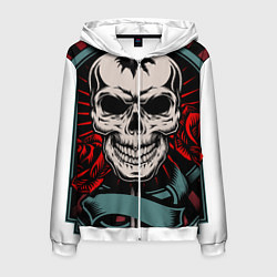Толстовка 3D на молнии мужская Проткнутый мечом череп с двумя розами, цвет: 3D-белый