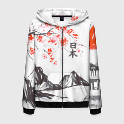 Толстовка 3D на молнии мужская Цветущая сакура и солнце - Япония, цвет: 3D-черный