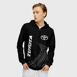Толстовка 3D на молнии мужская Toyota speed на темном фоне со следами шин: надпис, цвет: 3D-черный — фото 2