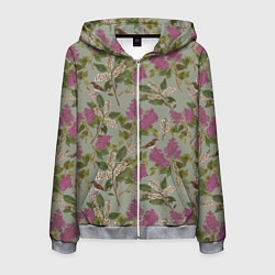 Толстовка 3D на молнии мужская Мухоловки и сирень, цвет: 3D-меланж