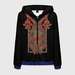 Толстовка 3D на молнии мужская Растительный цветочный орнамент - красные розы на, цвет: 3D-синий