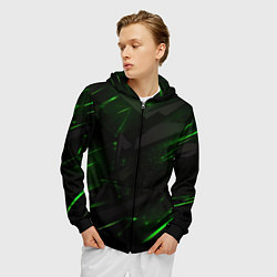 Толстовка 3D на молнии мужская Dark black green abstract, цвет: 3D-черный — фото 2