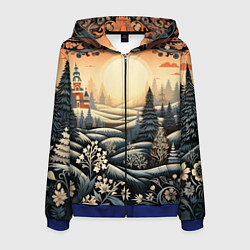 Толстовка 3D на молнии мужская Зимний предновогодний пейзаж, цвет: 3D-синий