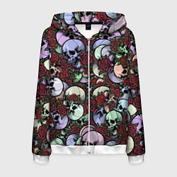 Толстовка 3D на молнии мужская Череп с розами паттерн, цвет: 3D-белый
