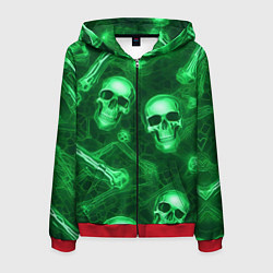 Толстовка 3D на молнии мужская Зелёные черепа и кости, цвет: 3D-красный