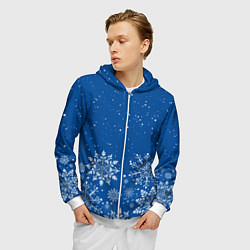 Толстовка 3D на молнии мужская Текстура снежинок на синем фоне, цвет: 3D-белый — фото 2