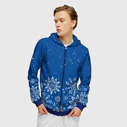 Толстовка 3D на молнии мужская Текстура снежинок на синем фоне, цвет: 3D-синий — фото 2