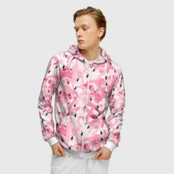 Толстовка 3D на молнии мужская Стая розовых фламинго, цвет: 3D-белый — фото 2
