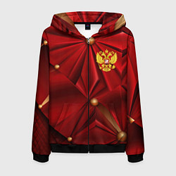 Толстовка 3D на молнии мужская Золотой герб России на красной абстракции, цвет: 3D-черный