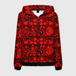Толстовка 3D на молнии мужская Хохломская роспись красные цветы и ягоды на чёрном, цвет: 3D-черный