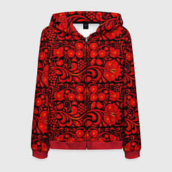 Толстовка 3D на молнии мужская Хохломская роспись красные цветы и ягоды на чёрном, цвет: 3D-красный