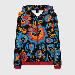 Толстовка 3D на молнии мужская Хохломская роспись разноцветные цветы на чёроном ф, цвет: 3D-красный