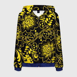 Толстовка 3D на молнии мужская Хохломская роспись золотые цветы на чёроном фоне, цвет: 3D-синий