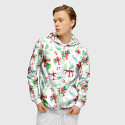 Толстовка 3D на молнии мужская Елочные ветки и подарки с красным бантом акварелью, цвет: 3D-белый — фото 2