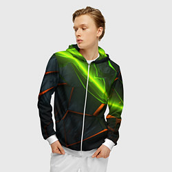 Толстовка 3D на молнии мужская Green neon abstract geometry, цвет: 3D-белый — фото 2