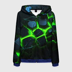 Толстовка 3D на молнии мужская Зеленый неон и разлом плит, цвет: 3D-синий